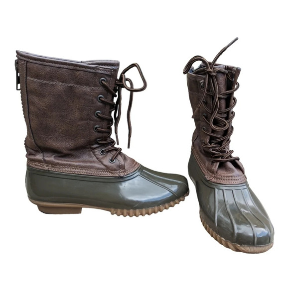 Madden Girl Duck Boot Flurry Woman's Size 8.5 Olive Green Rubber Brown Leather - Picture 4 of 6
